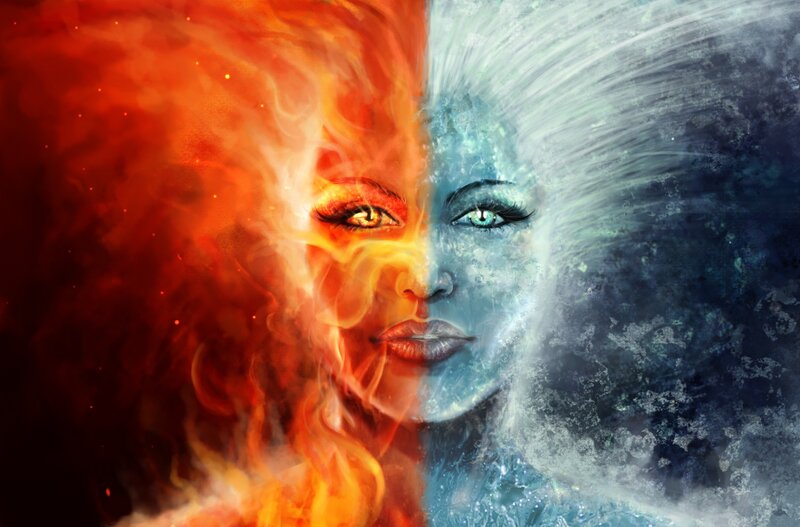 Woman's Face Split by Fire and Ice