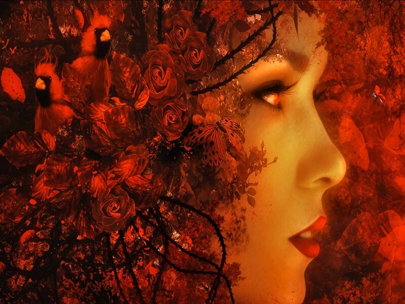 Woman's Face with Birds — Red
