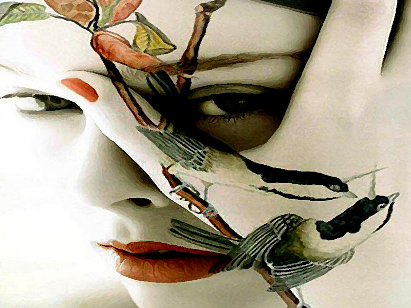 Woman's Face with Birds — White