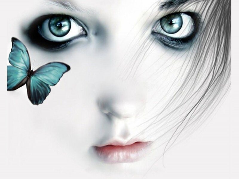Woman's Face with Butterfly — White, Dreamy