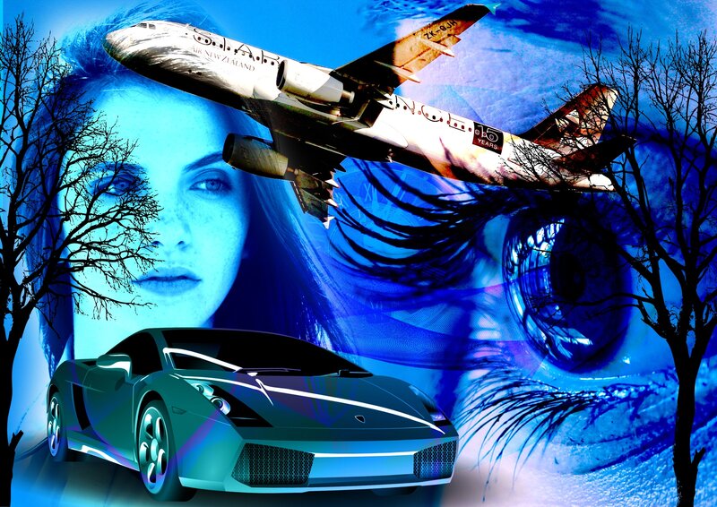 Woman's Face with Car and Plane