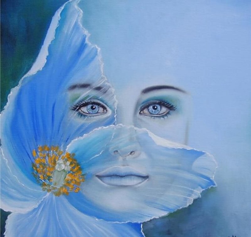 Woman's Face with Flower — Blue