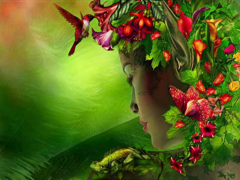 Woman's Face with Flowers — Green
