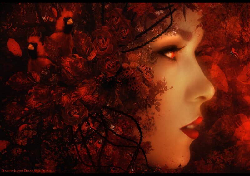 Woman's Face with Flowers — Red, Dramatic, Digital Art