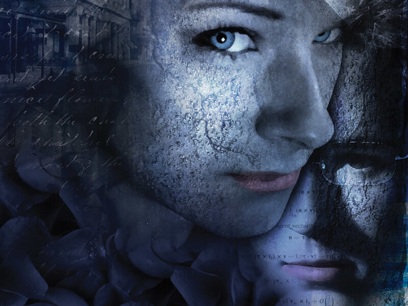 woman's face with mathematical equations