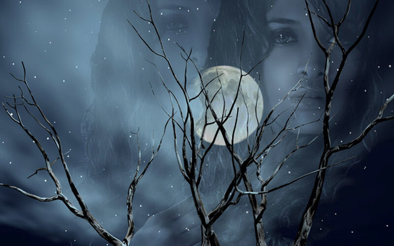 Woman's Face with Moon — Blue, Mysterious