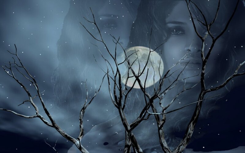 Woman's Face with Moon — Blue
