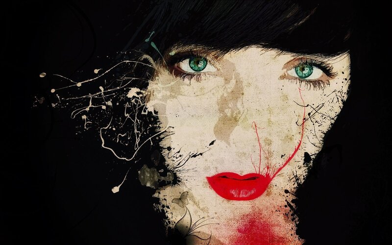 Woman's Face with Red Lips — Black, Dramatic, Digital Art, Green Eyes