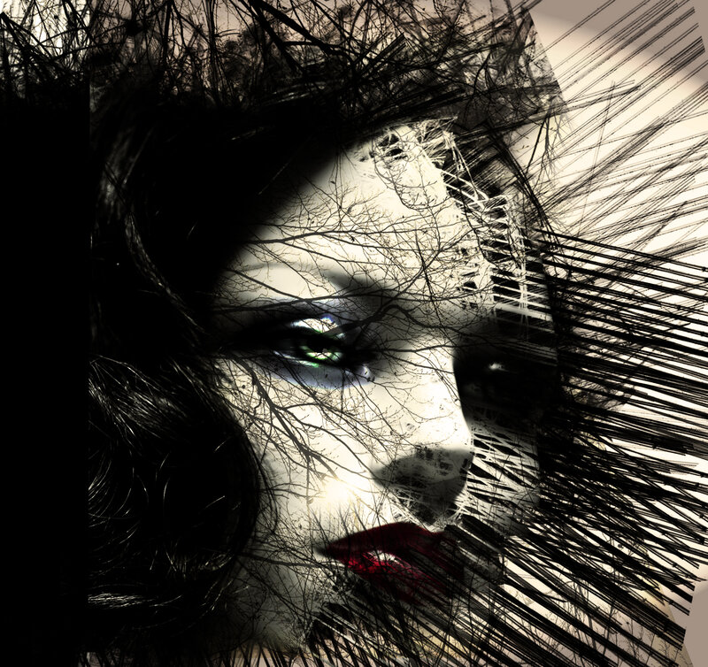 Woman's Face with Red Lips — Black, Dramatic, Digital Art