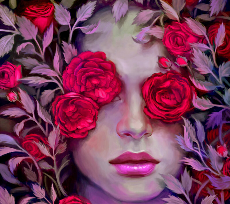 Woman's Face with Roses — Red, Dreamy, Digital Art, Leaves