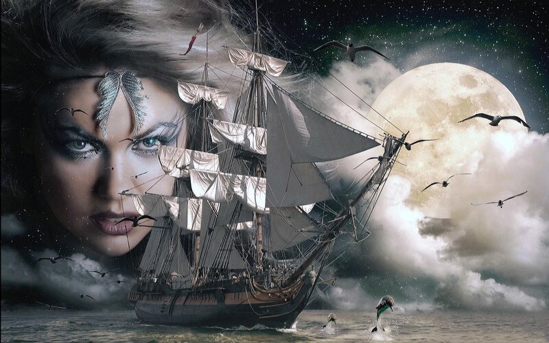 Woman's Face with Ship — Gray, Dramatic