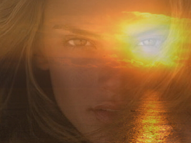 woman's face with sunset overlay
