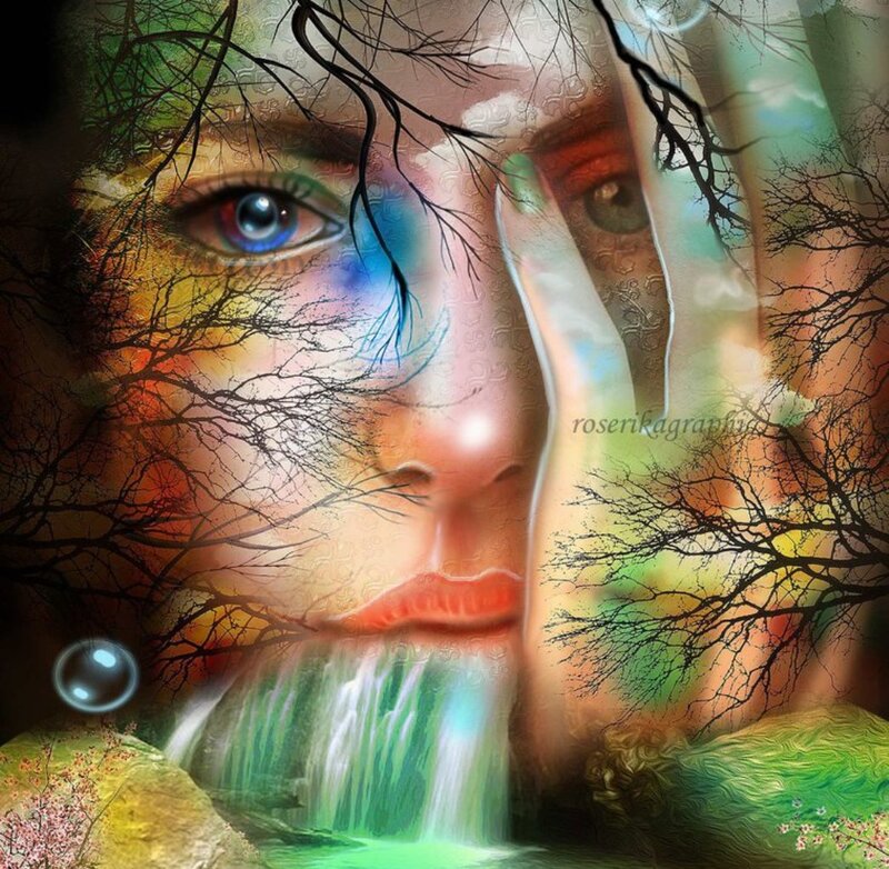 Woman's Face with Waterfall — Green