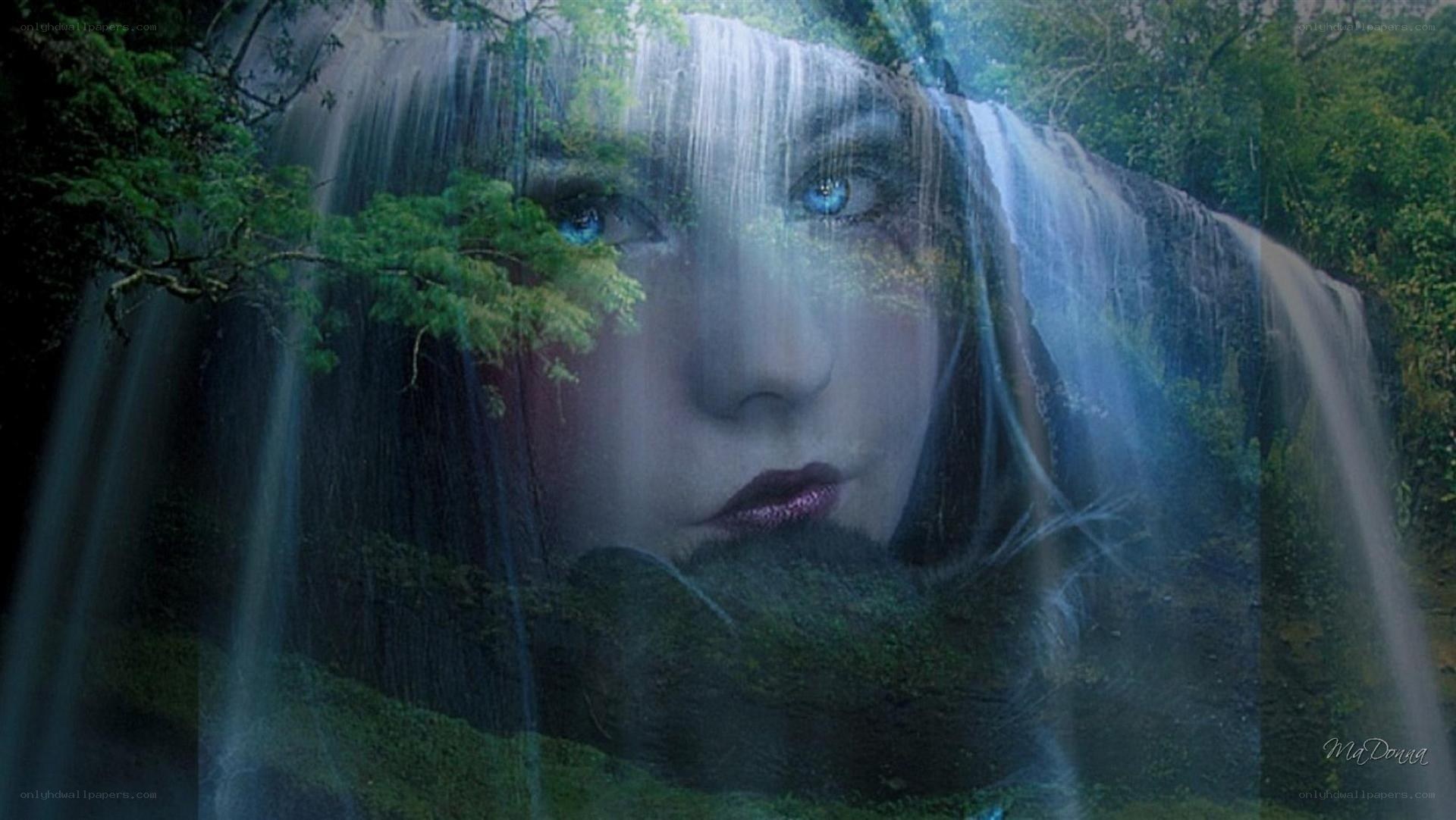 woman's face with waterfall