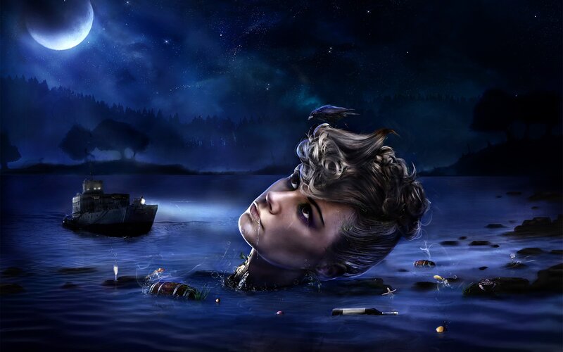 Woman's Head in Water — Blue, Dramatic