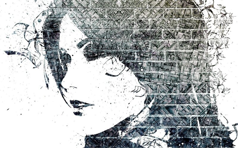 Woman's Profile — Black, Dramatic, Digital Art, Brick Wall