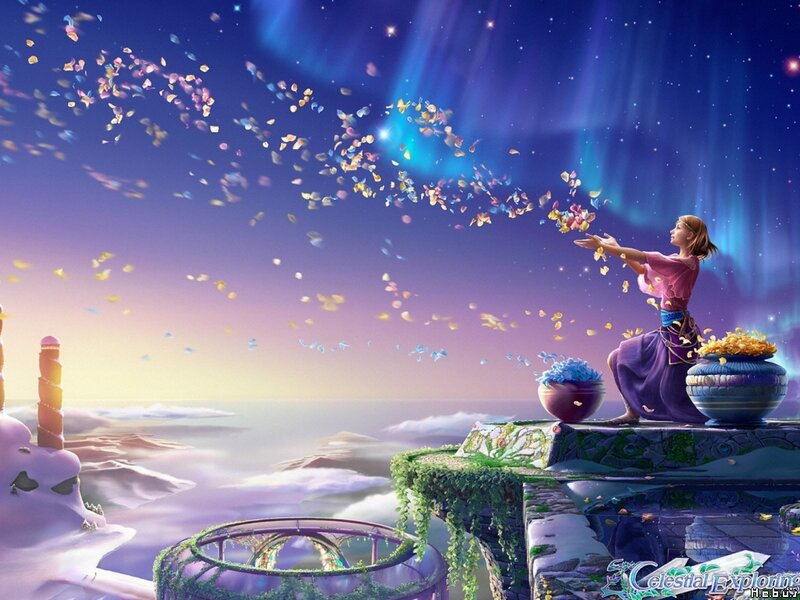 woman scattering petals under aurora