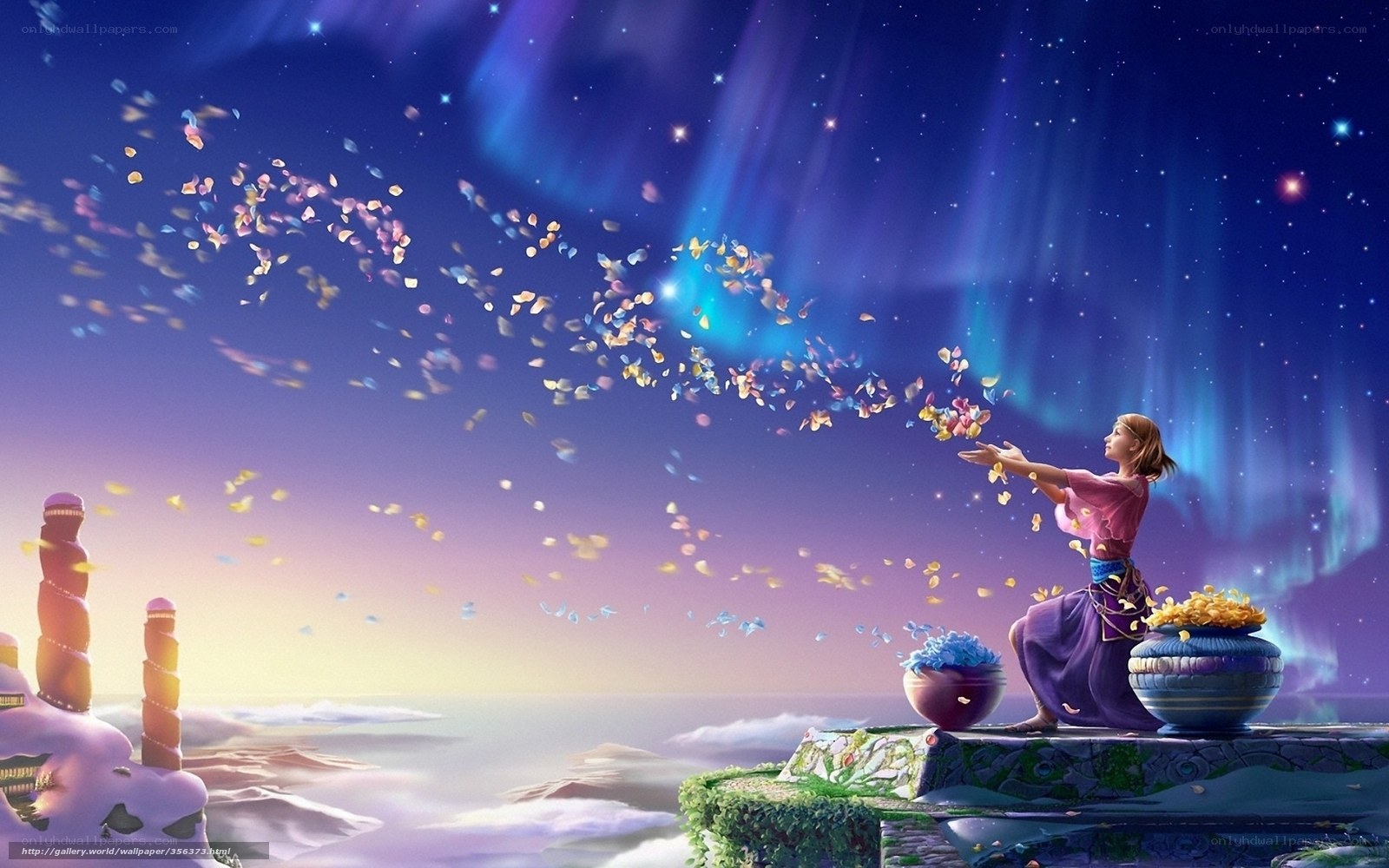 woman scattering petals under aurora