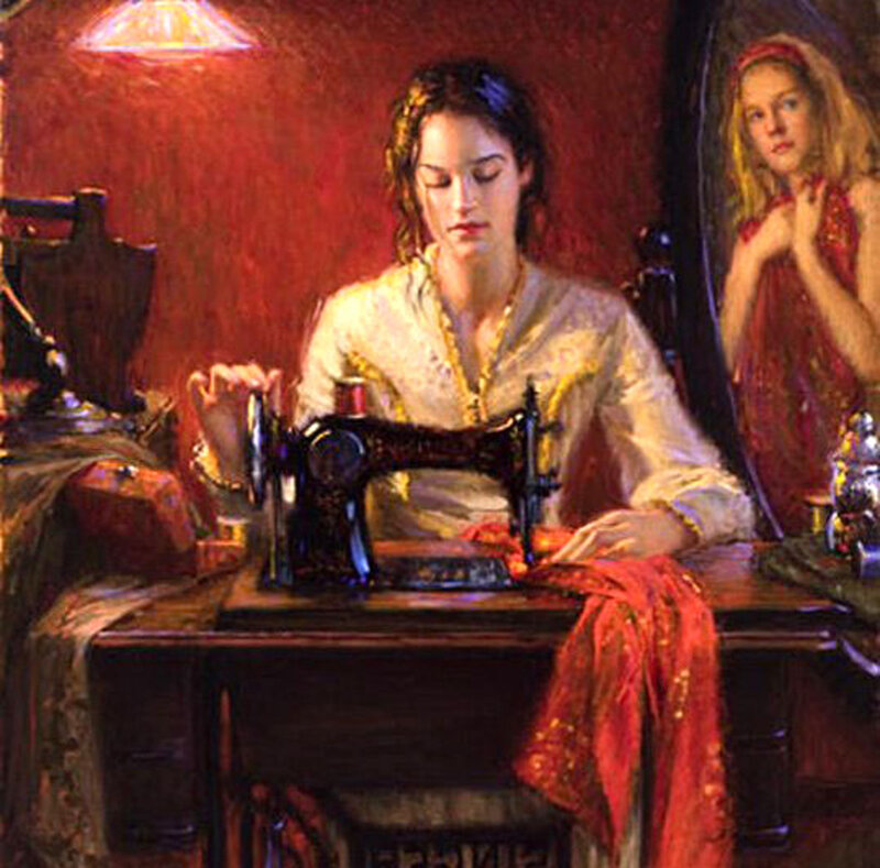 Woman Sewing at Table — Red, Dramatic