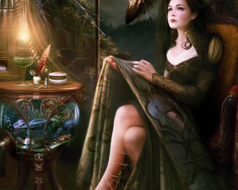 woman sewing by lamp