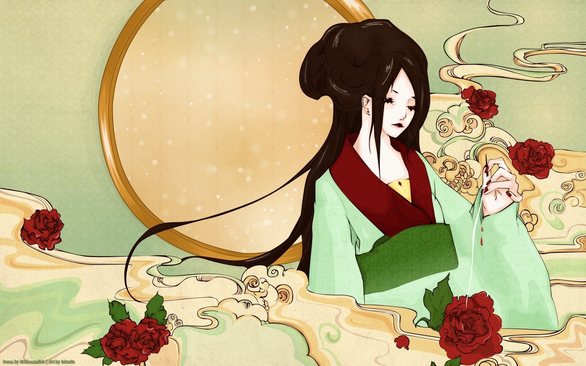 woman sewing with blood