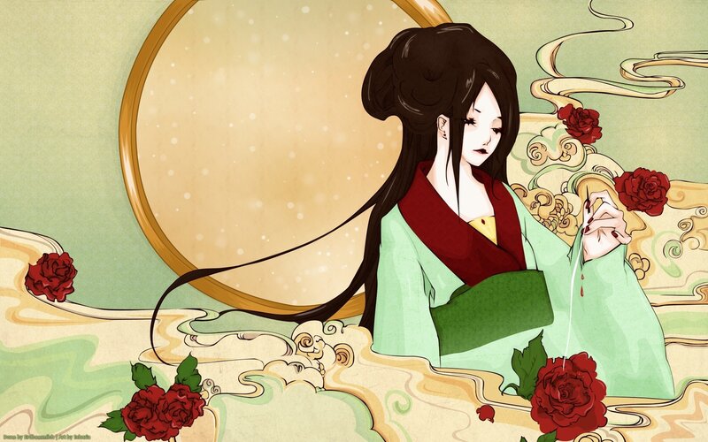 woman sewing with red roses