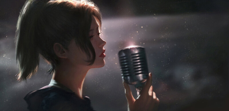 Woman Singing into Microphone — Black, Dramatic, Digital Art