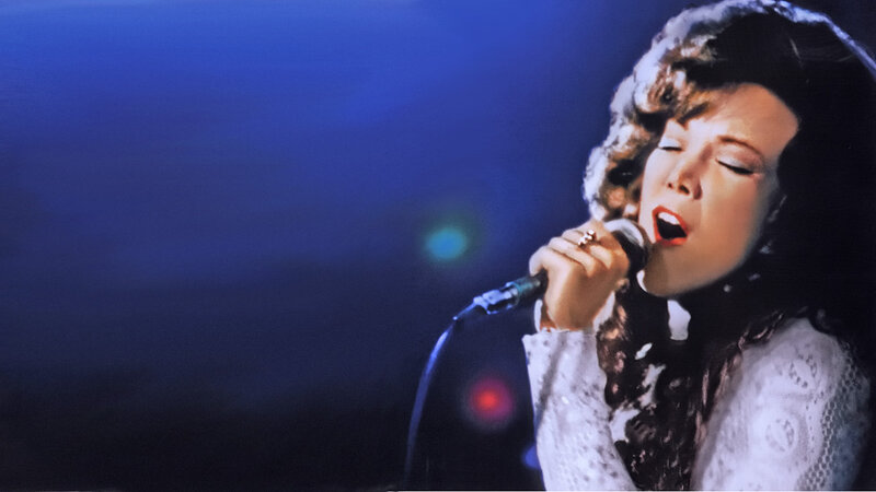 Woman Singing into Microphone — Blue, Dramatic, Night, Photograph, Stage Light
