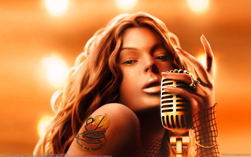 Woman Singing into Microphone — Orange
