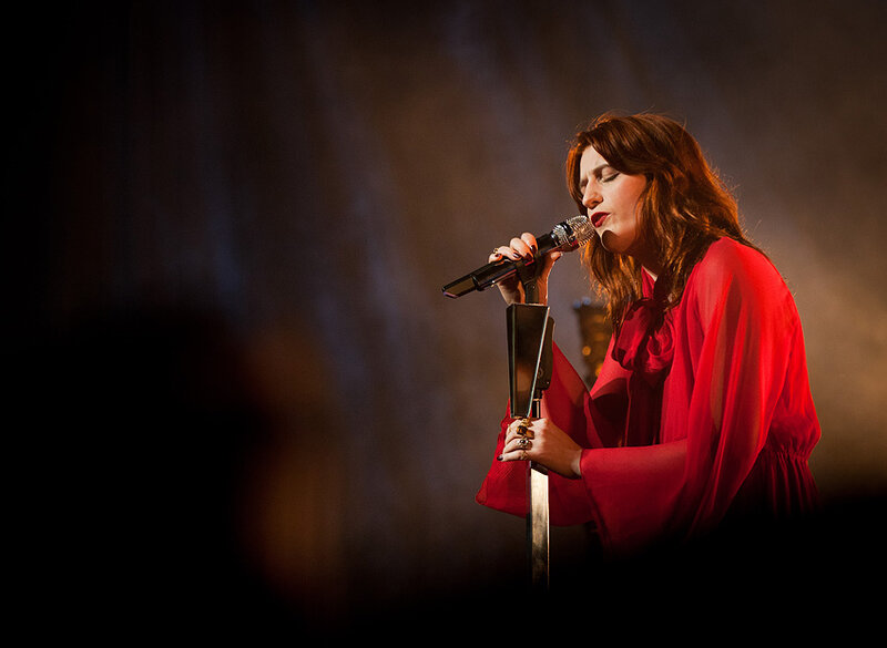 Woman Singing into Microphone — Red, Dramatic, Night