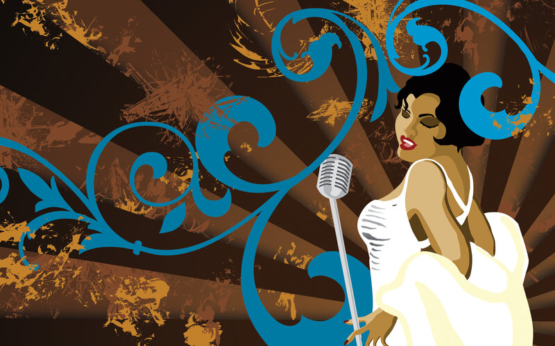 woman singing into vintage microphone