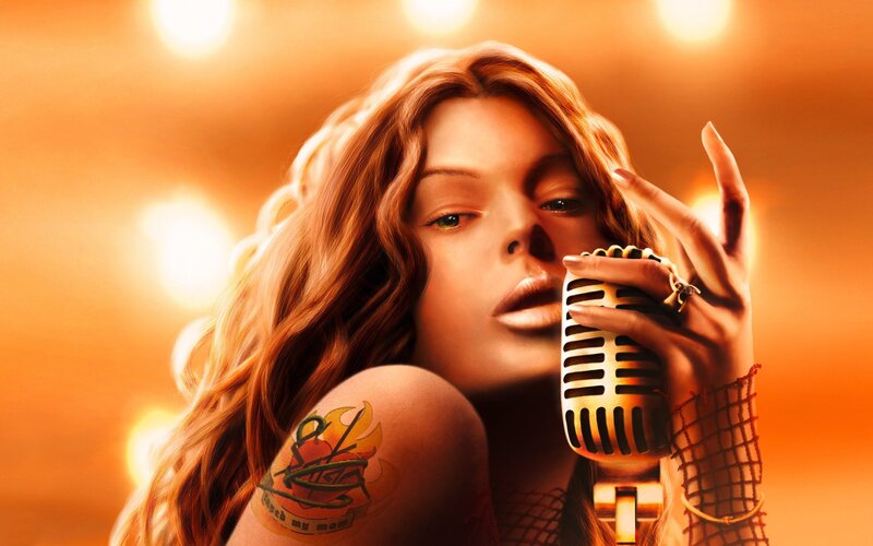 woman singing into vintage microphone