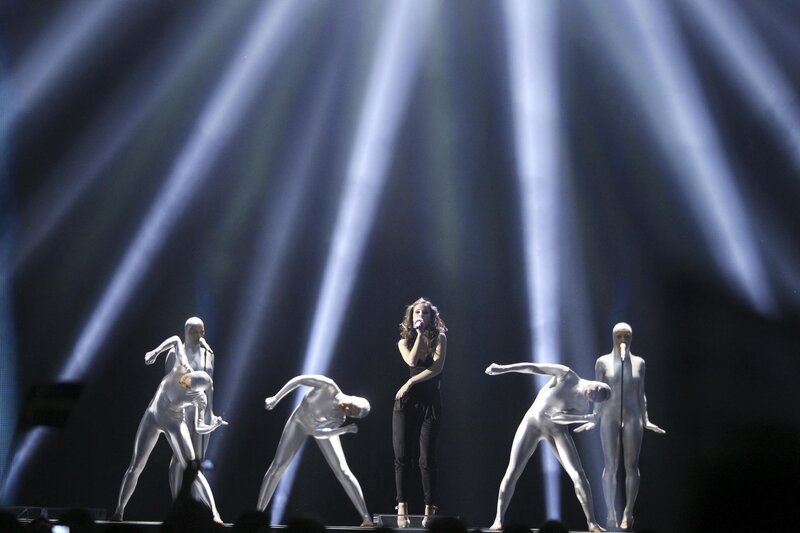 Woman Singing on Stage — Black, Dramatic, Night, Photograph, Dancers, Spotlights, Microphone, White