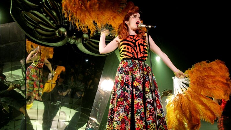 Woman Singing on Stage — Black, Dramatic, Night, Photograph, Microphone, Feather Fans