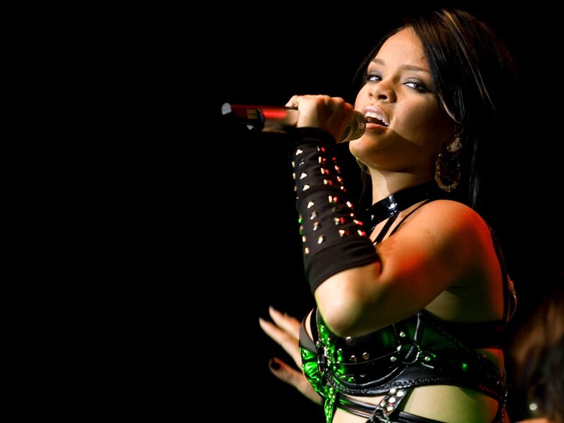 Woman Singing on Stage — Black, Dramatic, Night, Photograph, Microphone, Studded Armband