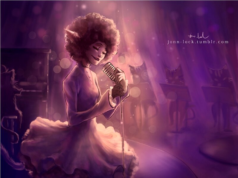 Woman Singing on Stage — Purple, Dramatic, Night, Digital Art