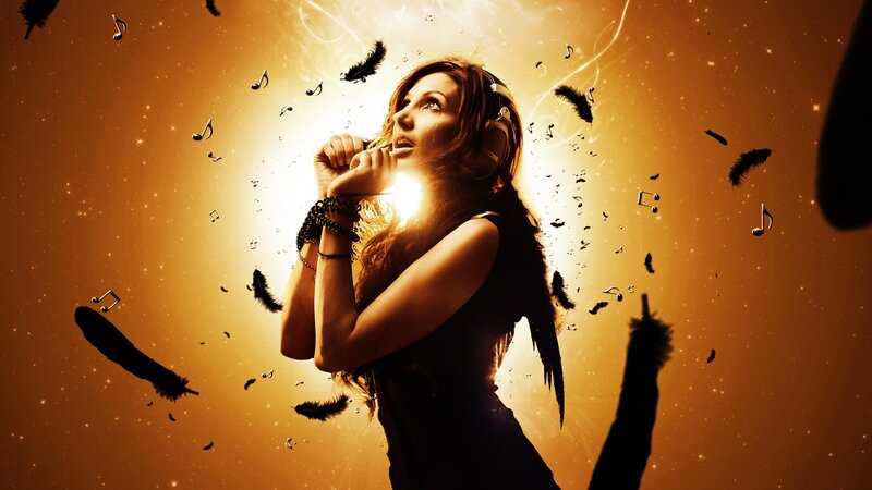 woman singing with music notes