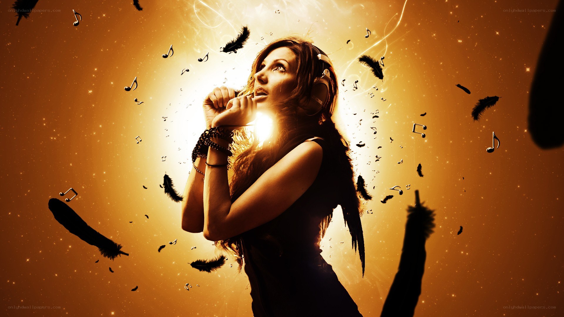 woman singing with music notes