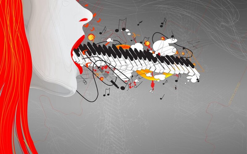 woman singing with piano keys