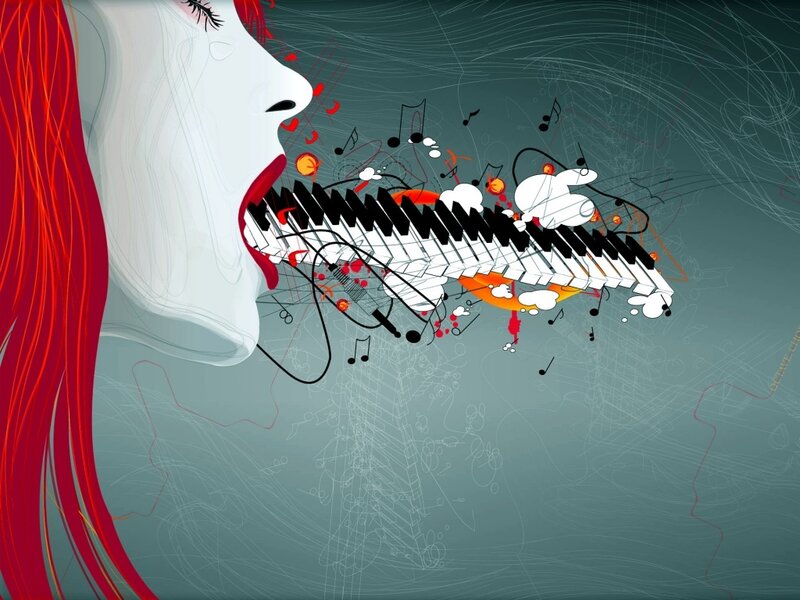 woman singing with piano keys