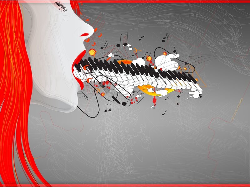 woman singing with piano keys