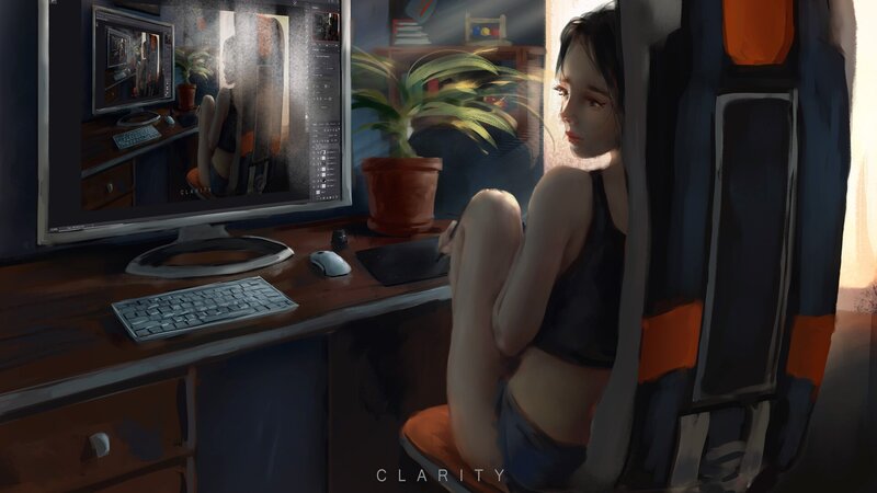 Woman Sitting at Desk — Blue, Dramatic