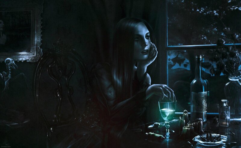 Woman Sitting at Table — Black, Dark