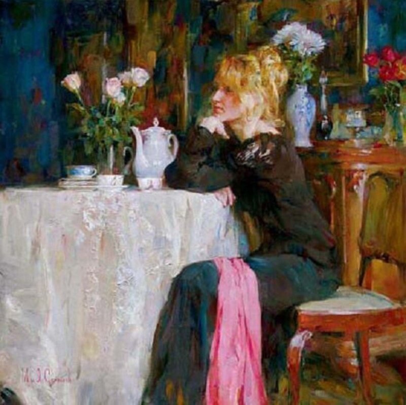 Woman Sitting at Table — Blue, Calm