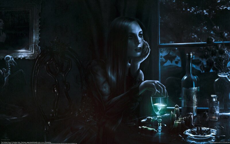 Woman Sitting at Table — Blue, Dark, Night