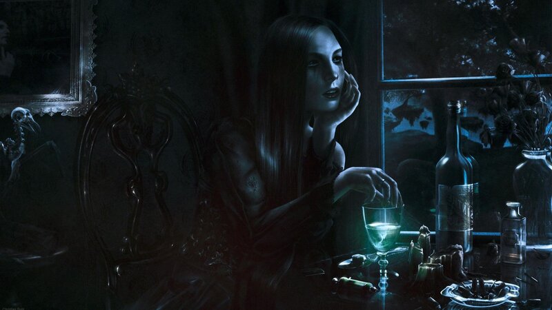 Woman Sitting at Table — Blue, Dark