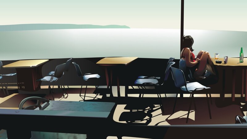 Woman Sitting at Table — Blue, Serene, Afternoon, Digital Art