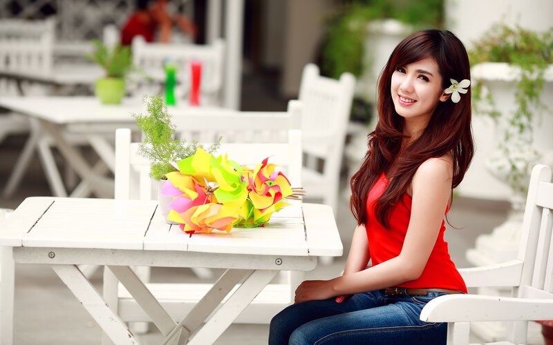 Woman Sitting at Table — Red, Calm, Afternoon