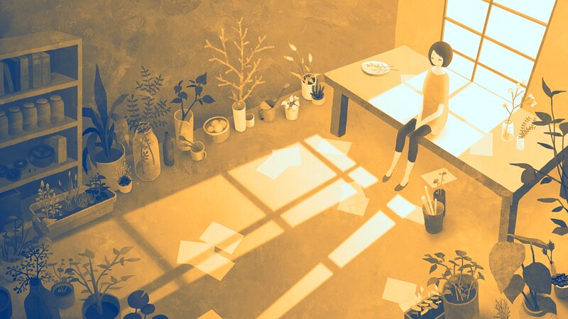 Woman Sitting at Table — Yellow, Serene