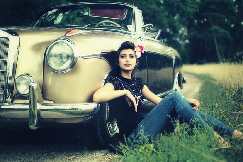 Woman Sitting by Car — Beige